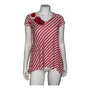 Monamie USA Red & White Striped T-Shirt Floral Embellishment Vintage Small EUC